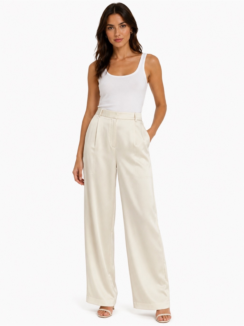 Boss Wide-Leg High-Waist Cream Satin Trousers